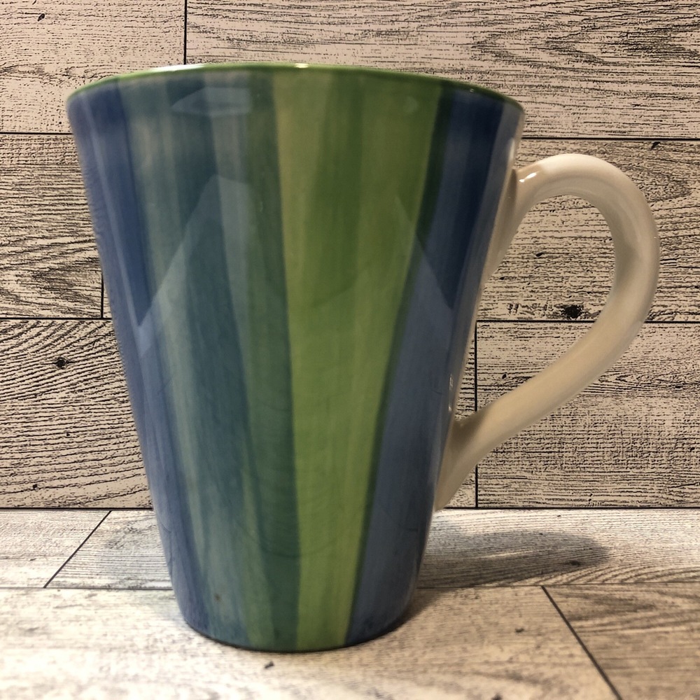 FAPOR FP Striped Blue Green Ceramic 8oz Coffee Mug Made in Portugal